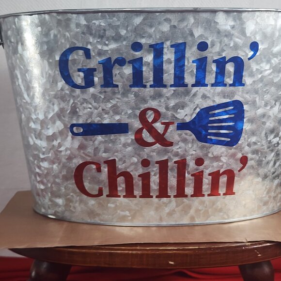 True Living Red White Blue Aluminum Grillin & Chillin Oval Outdoor Ice Bucket - Picture 4 of 16